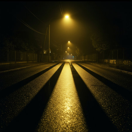 Street light in the fog at night. Artistic style photo.の素材