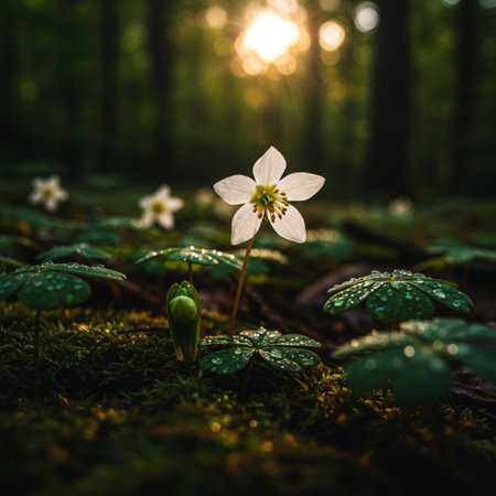 Anemone nemorosa flower in the forest at sunset.の素材