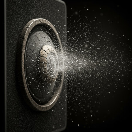 Sound speaker with splashes of dust on a black background. 3d illustrationの素材