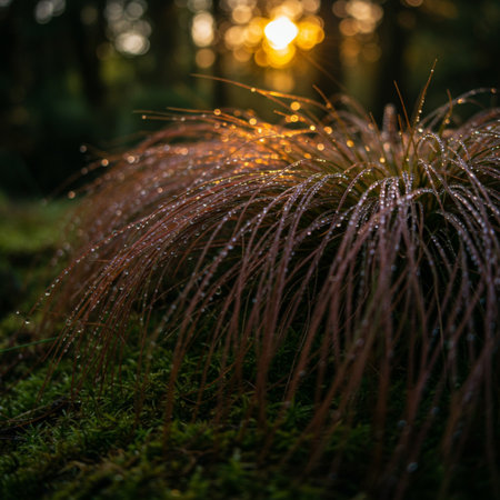 Dew drops on the grass in the forest at sunset. Natural backgroundの素材