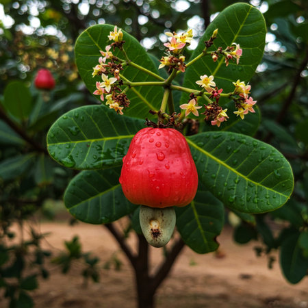 Red Cashew fruit on the tree with green leaves and flowers.の素材
