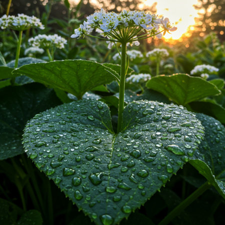 Water drops on buckwheat leaves in the meadow at sunsetの素材