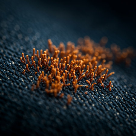 Macro shot of an orange microcrystals on a black backgroundの素材