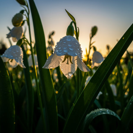 Beautiful white snowdrop flowers in the meadow at sunset.の素材