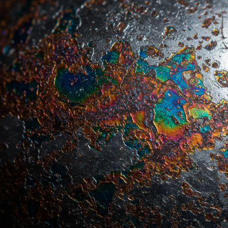abstract background of colored spots of paint on a rusty metal surfaceの素材
