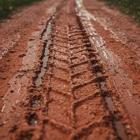 Wheel tracks on the muddy road. Selective focus. Shallow depth of field.の素材