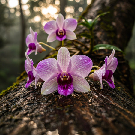 Beautiful purple orchids on a tree trunk in the forestの素材