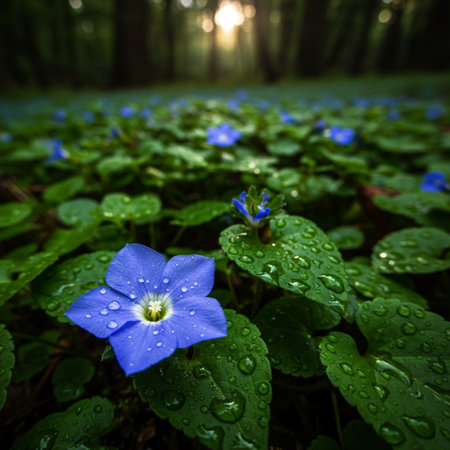 Blue Periwinkle in the forest with dew drops after rainの素材