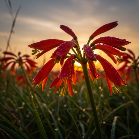 Red lily flower with dew drops on the field at sunsetの素材