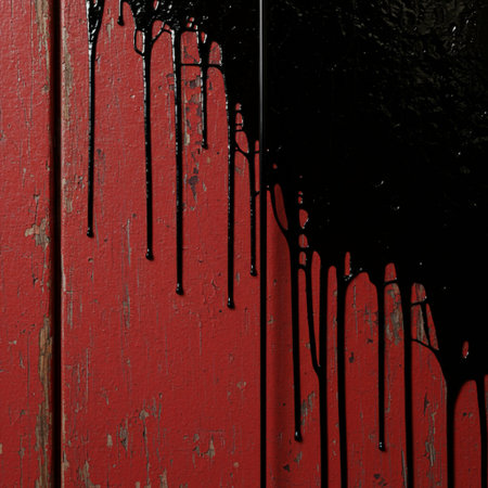 Black paint dripping on red wooden wall. Abstract grunge background.の素材
