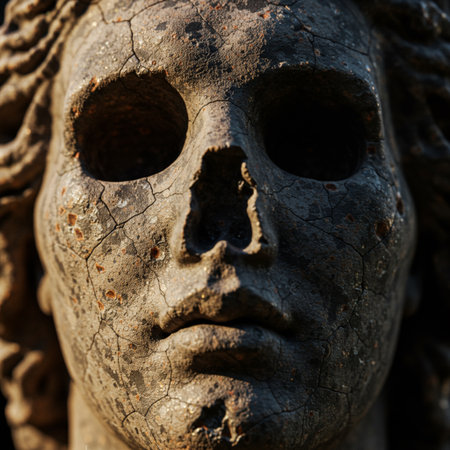 Detail of the head of a statue of a woman with skull.の素材