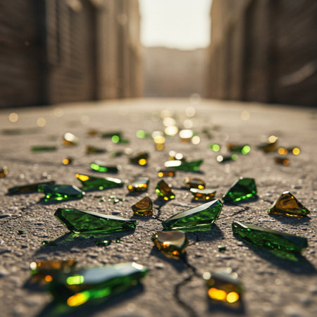 Broken glass on the street in the early morning. Selective focus.の素材