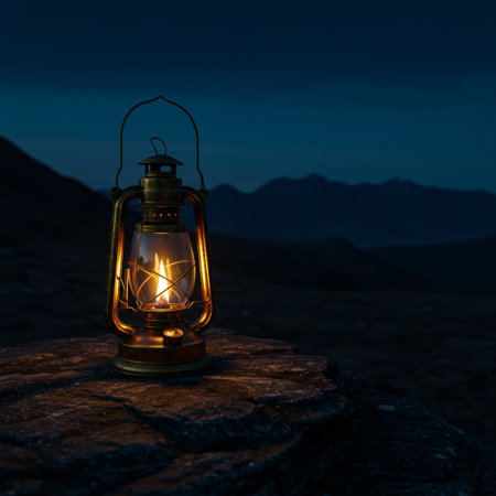 Lantern on a rock in the mountains at night. Travel conceptの素材