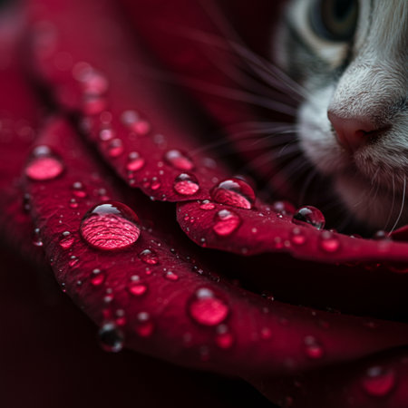 Cute cat and red rose petals with water drops close upの素材