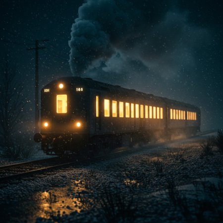 Steam locomotive at night in the snowfall. Foggy winter landscape.の素材