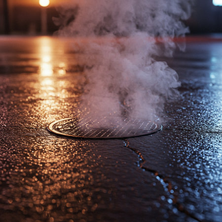 Smoke from a pipe in the street at night. Selective focus.の素材