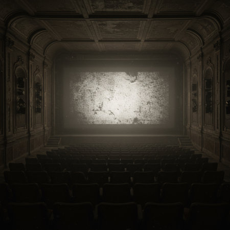 Old cinema hall with empty seats and spotlights, 3d renderの素材