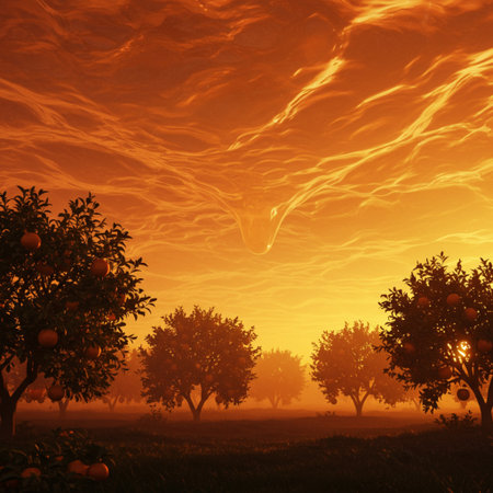 Orange trees in the fog at sunset, 3d render illustration.の素材