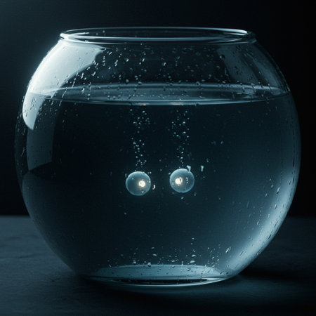 Fishbowl with water droplets on a dark background. Toned.の素材