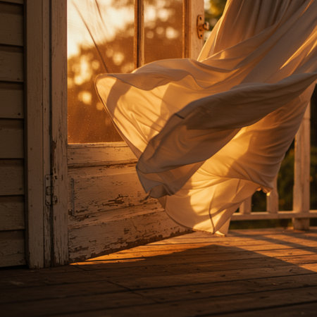 White curtains on the wooden door of the house in the rays of the setting sunの素材