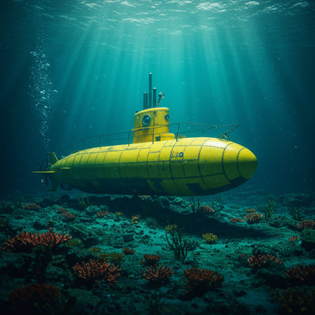 Yellow submarine on the coral reef in the Red Sea. 3d renderの素材