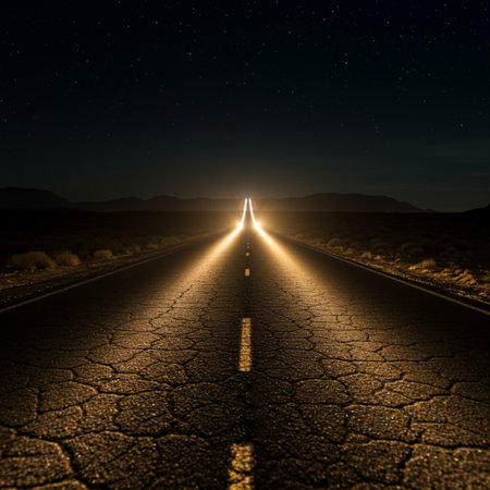 Road in desert at night with starry sky. 3d renderingの素材