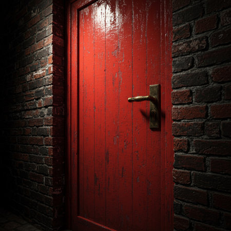 Door in dark room with brick wall and wooden door. 3d renderの素材
