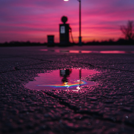 Reflection of a gas station in a puddle at sunset.の素材
