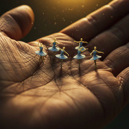 Dancing ballerinas in a human hand. 3d renderingの素材
