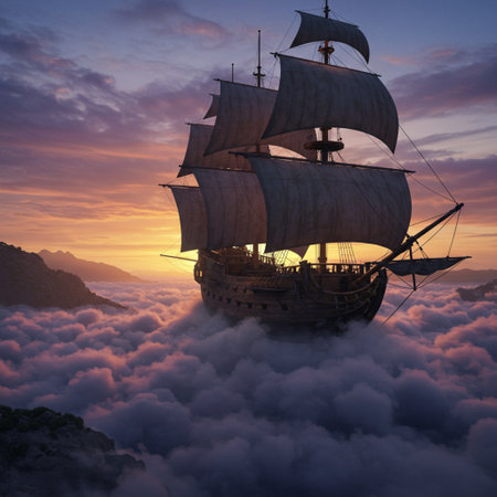 Sailing ship in the clouds at sunset. 3d render.の素材