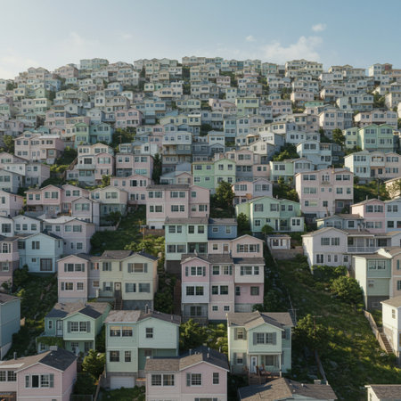 Aerial view of a row of multi-storey houses on the hillの素材