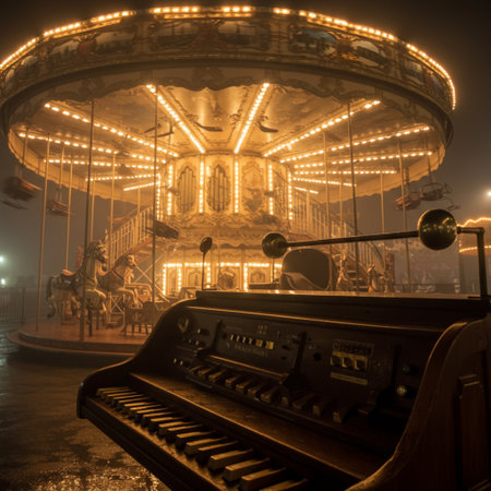 Merry-go-round in the evening. Carousel in winterの素材