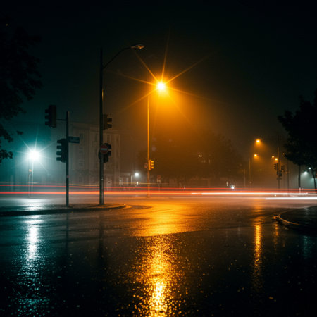 night scene of city street with car light trails on wet asphalt surfaceの素材