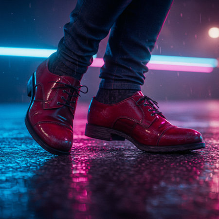 Female legs in red shoes on a dark background with neon lights.の素材