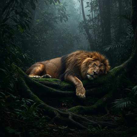 Lion lying on a tree in the rainforest of Costa Ricaの素材