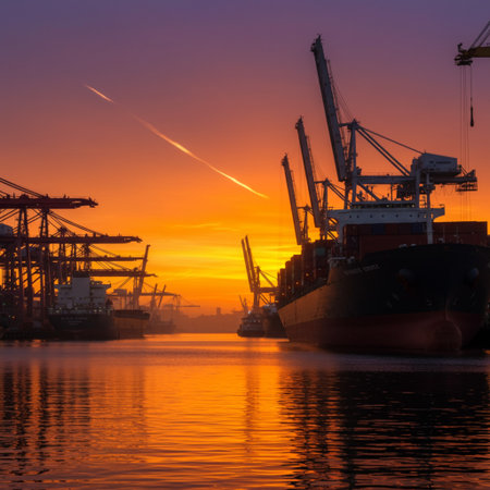 Container Cargo freight ship with working crane bridge at sunset for Logistic Import Export backgroundの素材