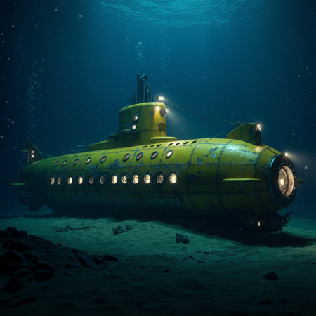 Submarine in the deep blue sea. 3d render illustration.の素材