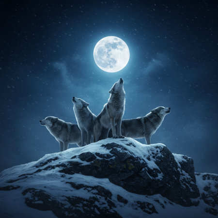wolf howling at the full moon in the night, 3d renderの素材