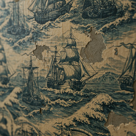 Old paper background with ship and map. Vintage paper texture. Close up.の素材