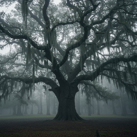 Old oak tree in a foggy forest in the early morning.の素材
