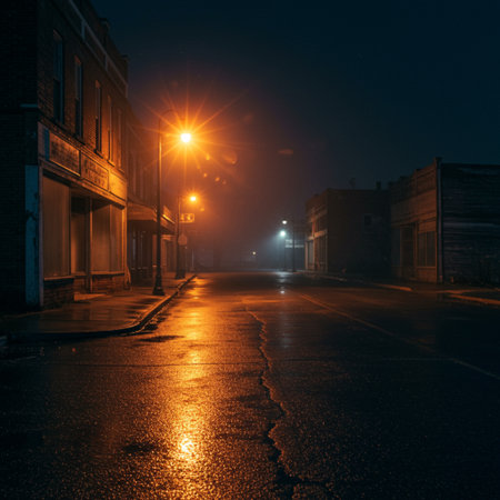 Old town street at night with lanterns and lights in the fogの素材