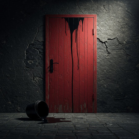 Door with blood and bucket on a dark background. 3d renderingの素材