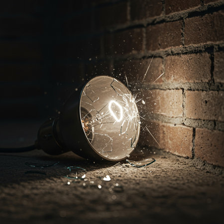 Broken lightbulb on brick wall background. Creative concept.の素材