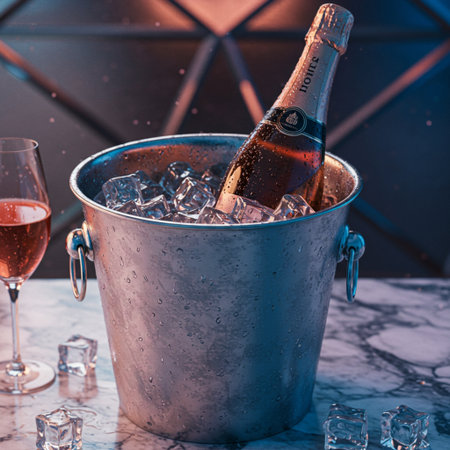 Bottle of champagne in bucket with ice cubesle table.の素材