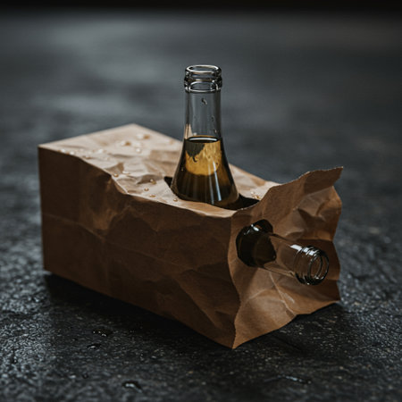 Crumpled brown paper bag with bottle of beer on dark backgroundの素材