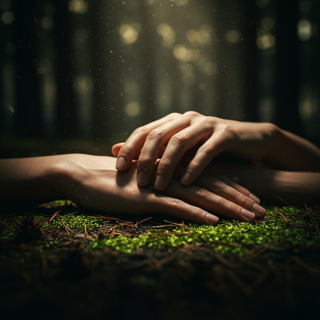 Hands of a man and a woman holding hands in the forestの素材