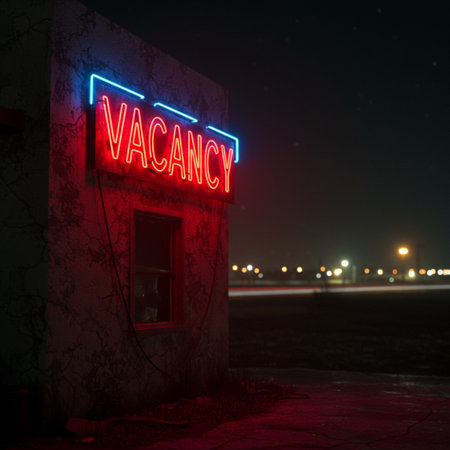 Vacancy neon sign in a building at night. 3D rendering.の素材