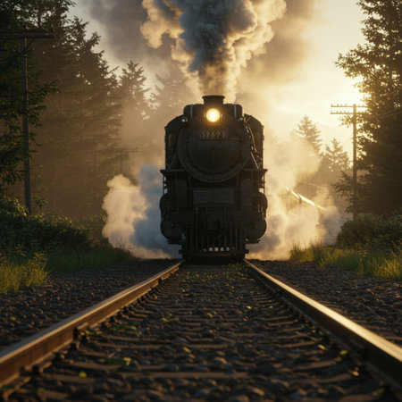 Old steam locomotive at sunset in the forest. Retro style.の素材