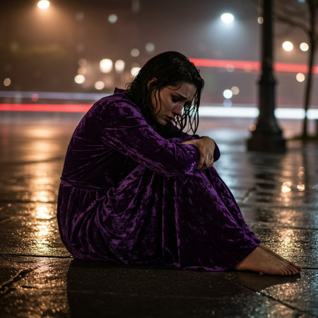 Young woman in purple dress sitting on the wet pavement at night.の素材