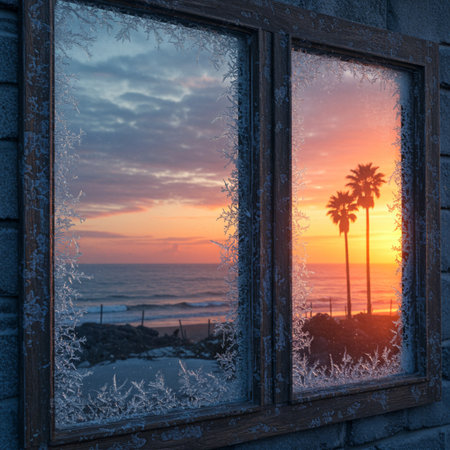 Sunset over the sea through the window of an old house.の素材